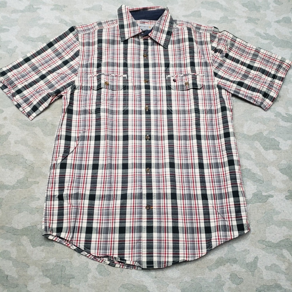 Carhartt Shirt Mens Medium Gray Relaxed Fit Check Plaid Short Sleeve Button-Up